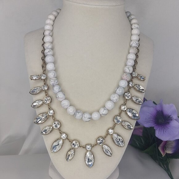 Anthropologie Necklace Boho Chic Double Strand Natural Stone Gold Rhinestones - Picture 6 of 11